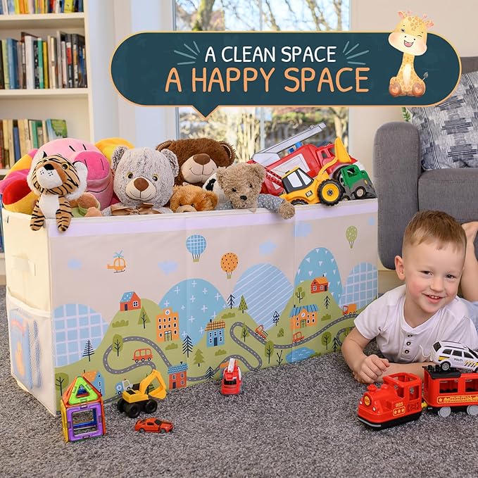 Extra Large Toy Storage Organizer with Lid - Sturdy, Collapsible Toy Chest Storage Box with Cute Design - Toys Bin with Dividers for Kids, Boys, Girls, Nursery, Bedroom, Play room 37"x16"x14"-Ruum Studio Home