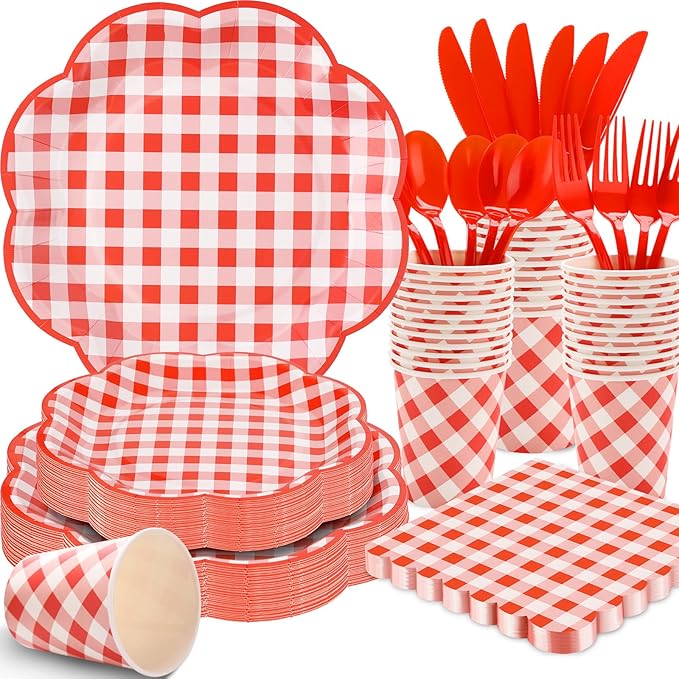 350 Pcs Red Gingham Plates and Napkins Party Supplies - Red and White Checkered Plates Sets Serve 50 Guests - Scalloped Gingham Paper Plate for Birthday Picnic Wedding Christmas Party Decorations-Ruum Studio Home