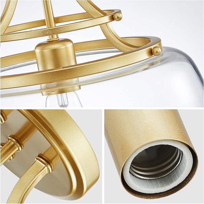 WUZUPS Chandelier Rustic Farmhouse Industrial Round Semi-flushmount Ceiling LED Light Fixture with Clear Glass Shades for Bathroom Kitchen Foyer Entryway, H 11.8" x W 13.4", E26 Base, Gold-Ruum Studio Home