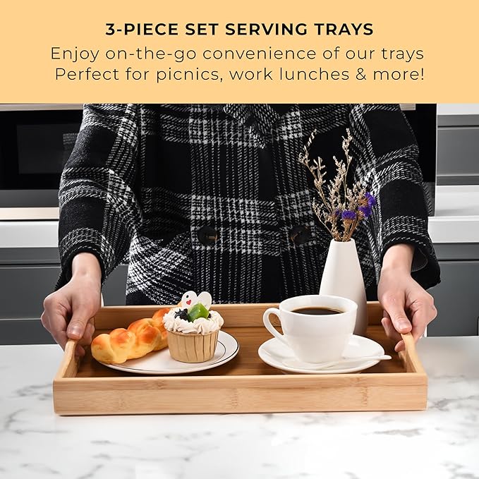 Prosumers Choice Wooden Tray - Light Brown Serving Trays with Handles - Nesting Design for Space Saving - Wooden Serving Tray for Food, Drinks, Snacks - Set of 3-Ruum Studio Home