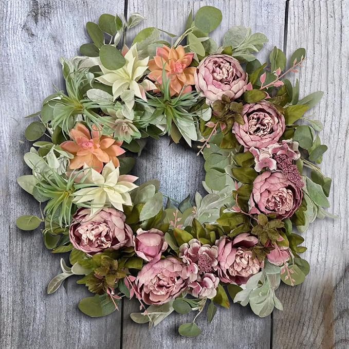 WANNA-CUL 24 Inch Spring Peony Wreaths for Front Door,Succulent Summer Wreath with Pink Peony Floral, Spring Front Door Decor with Succulent Arrangement Decoration-Ruum Studio Home