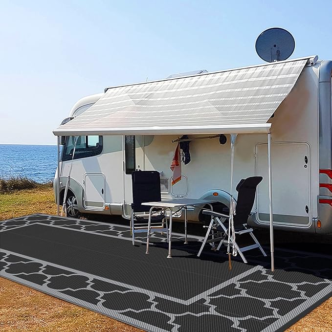 GENIMO 9' x 18' Outdoor Rug Waterproof for Patio, Foldable Reversible Plastic Straw Area Rugs Mat for Rv Decor, Outside Carpet for Camper, Deck, Picnic, Beach, Balcony, Porch, Black & Grey-Ruum Studio Home