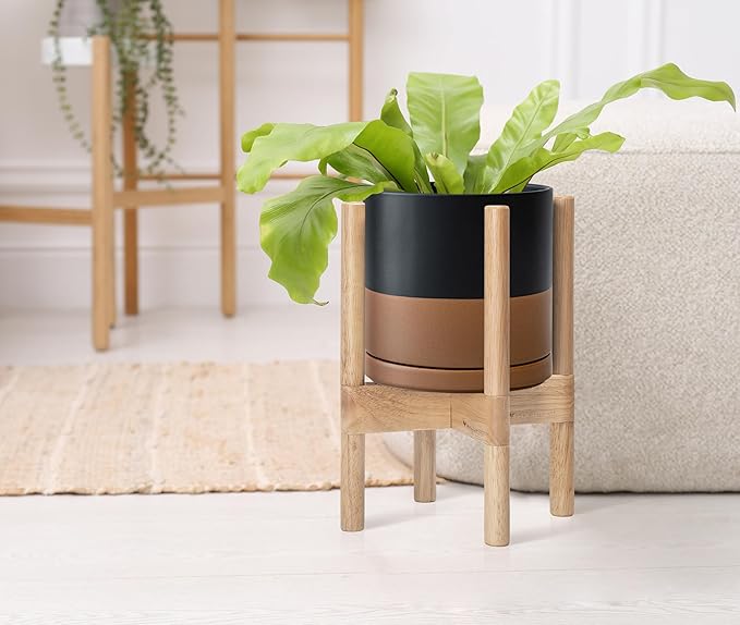 D'vine Dev Ceramic Planter with Natural Stand - 8 Inch Modern Round Flower Pot with Wood Planter Holder, Black/Speckled Tan, 55-B-N-7-Ruum Studio Home