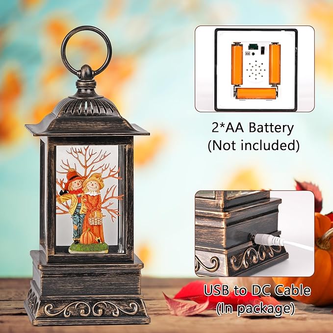 Fall Snow Globes, Scarecrow Couple with Pumpkin Scene Snow Globes, Glittering Lantern with Timer, Snow Globe Lantern USB or Battery Powered for Fall Festival Thanksgiving Day Decor-Ruum Studio Home