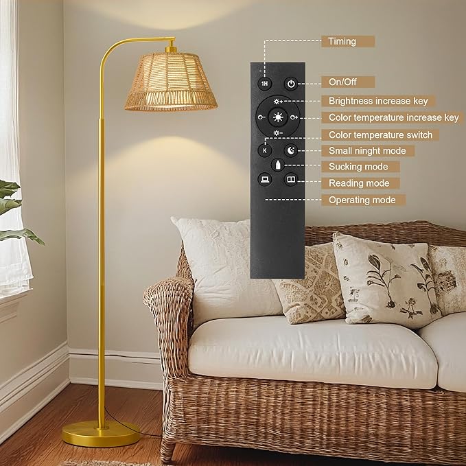 Oneach Arc Floor Lamp for Living Room with 3 Color Temperatures, Farmhouse Floor Lamps with Remote & Dimmable Bulb, Rattan Boho Floor Lamp with Hand-Woven Wicker & Fabric Shade-Ruum Studio Home