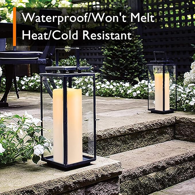 Homemory 10" x 4" Large Waterproof Outdoor Flameless Candles with Remote Control and Timer, Battery Operated Flickering LED Pillar Candles for Outdoor Larterns, Porch, Long Lasting, Set of 2