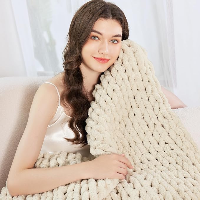 Admitrack Chunky Knit Blanket Throw 51"x63", 100% Hand Knit Chenille Throw Blanket for Sofa & Home Decor, Soft and Cozy Knitted Throw Blankets (Ivory，51"x63")-Ruum Studio Home