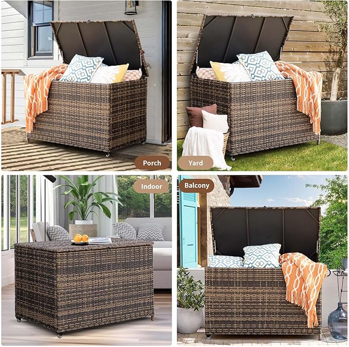 178 Gallon Outdoor Storage Box, Handle Large Portable Wicker Rattan Deck Box for Patio Furniture Cushions, Patio Deck Box with 2 WheelsThrow Pillows, Garden Tools and Pool Floats (Brown)-Ruum Studio Home
