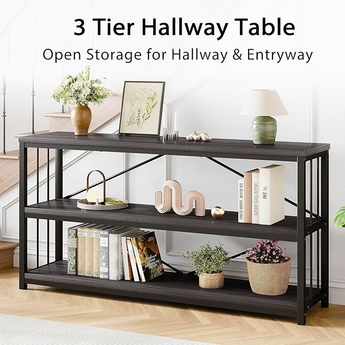 LVB 3-Tier Rustic Console Table, Extra Long Entryway Table with Storage, Industrial Skinny Wood Metal Sofa Table with Shelf, Modern Narrow Hallway Table for Foyer Living Room Bedroom, Dark Gray, 70 In-Ruum Studio Home