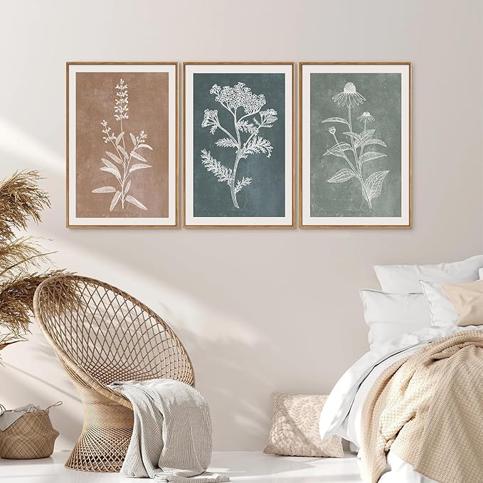SIGNINART Neutral Botanical Framed Canvas Wall Art Set, Vintage Floral Wall Decor, Boho Minimalist Plant Wall Painting, Art Print for Farmhouse Living Room, Bedroom, Office, Bathroom 16"x24"x3-Ruum Studio Home