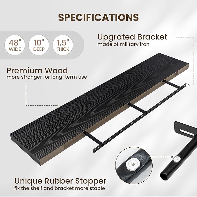 Fun Memories 10 Inch Deep Shelves, Floating Shelves for Wall 48 Inches Long, Wood Floating Shelves for Wall, Large Storage Shelves Wall Mount for Living Room Bedroom, Black, Set of 1-Ruum Studio Home