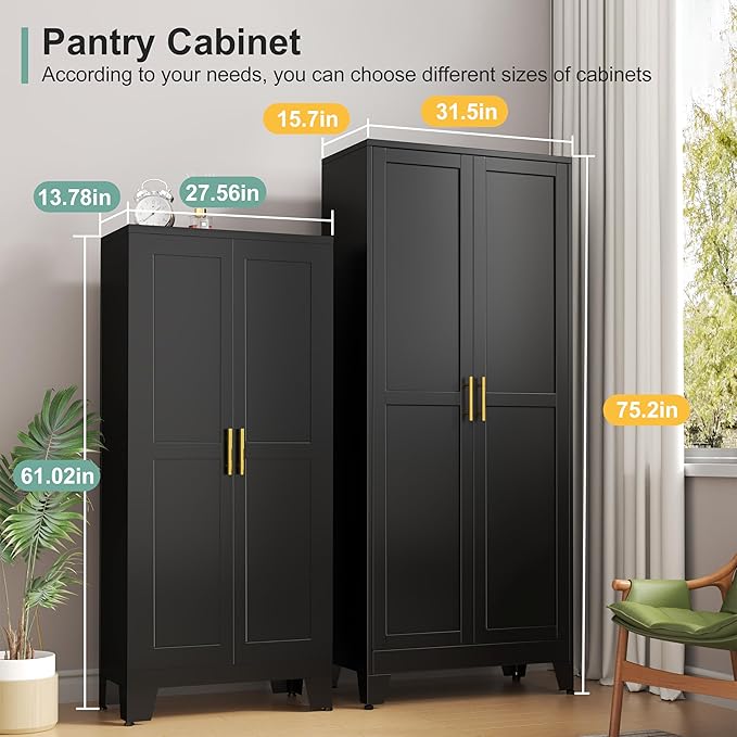 Metal Pantry Cabinet with 2 Doors and 5 Adjustable Shelves, 75" Kitchen Storage cabinets with Gold Handles, Versatile Storage for Laundry Room, Living Room, Bathroom, Dinning Room, Utility Room-Black-Ruum Studio Home