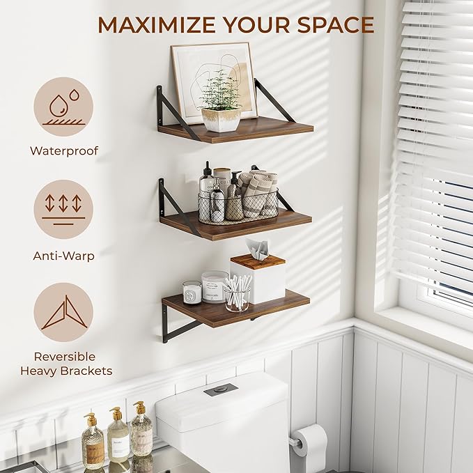 Heimlove Deep Floating Shelves for Wall, 12 Inch Deep Floating Shelves Set of 3, 16W x 12D Wood Wall Shelves, Wide Wood Shelves with Metal Bracket for Living Room, Kitchen, Office, Bedroom - Walnut-Ruum Studio Home