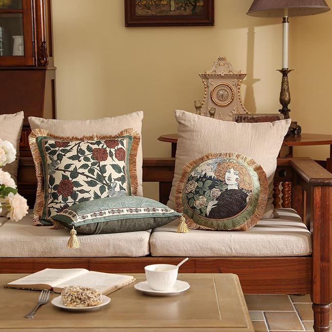 patdrea Designer Throw Pillow Covers Set of 4,French Elegant Green Linen with Rose Collection Pattern Pillow Covers,Decorative Lumbar Square Round Pillowcases Cushion for Bed Living Room Outdoor-Ruum Studio Home