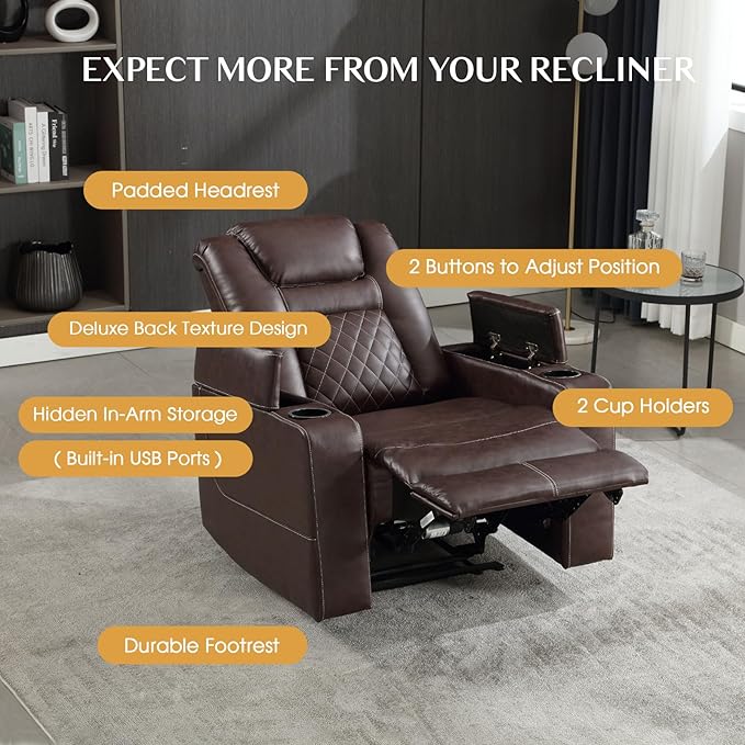 CANMOV Electric Power Recliner Chair with USB Ports and Cup Holders, Breathable Leather Home Theater Seating with Hidden Arm Storage (Red Brown)-Ruum Studio Home