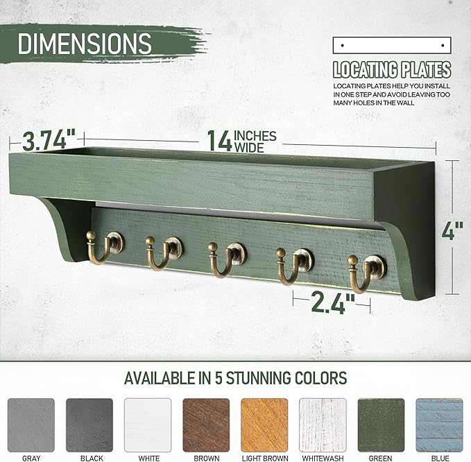 Rebee Vision Farmhouse Pine Wood Key Holder Wall Mount with Shelf for Home Improvement - Rustic Wall Mail Holder for Farmhouse Room Decor - Perfect Mail Organizer for Home (Green)-Ruum Studio Home