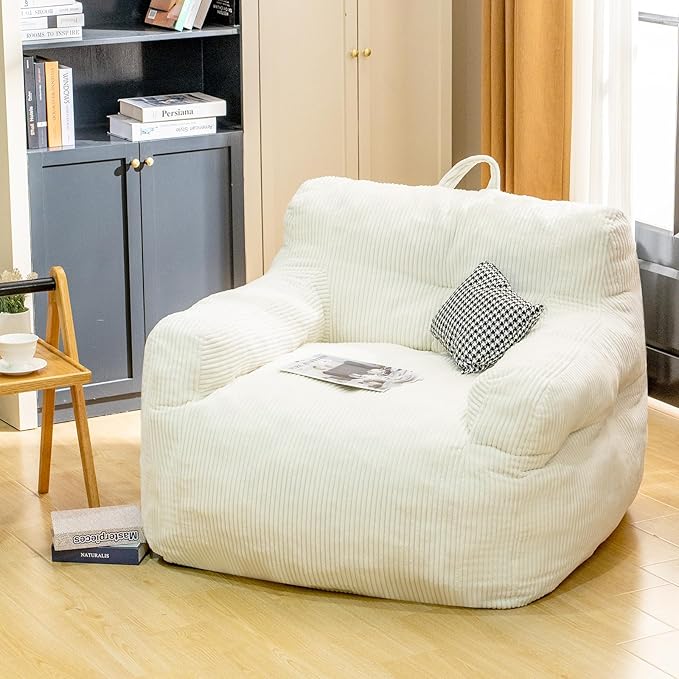 Bean Bag Chair for Adults - Faux Fur, Fluffy and Comfy with Filler, Big Sofa for Reading, Gaming (Beige, Oversize)-Ruum Studio Home