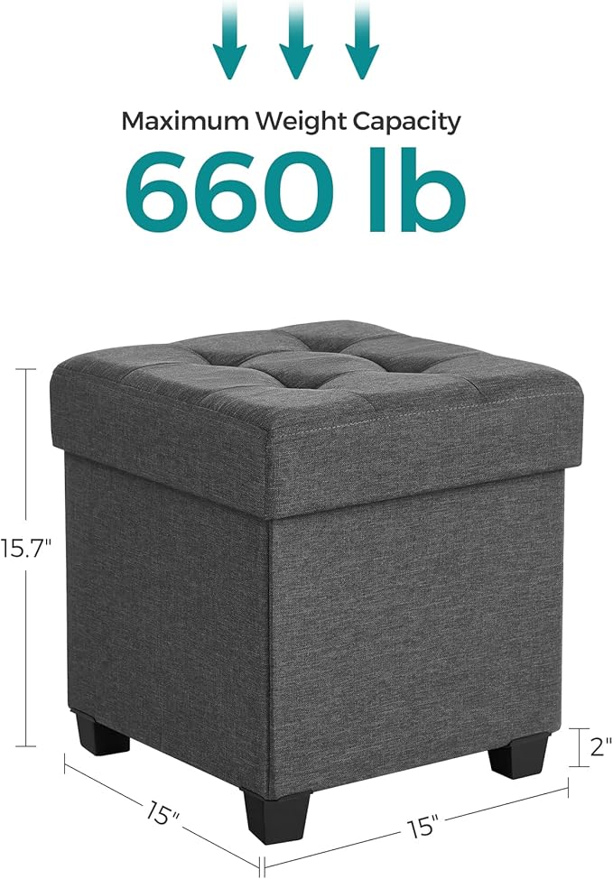 SONGMICS 15 Inches Cube Storage Ottoman, Bedroom Bench with Storage, Foot Stool with Feet, Holds Up to 660 lb, Dark Gray ULSF14GYZ-Ruum Studio Home