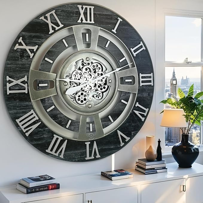 The Gears Clock Real Moving Gear Wall Clock England Line (Vintage Black, 36 inches (90 cm))-Ruum Studio Home