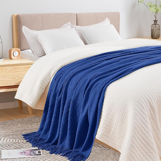 inhand Knit Klein Blue Throw Blanket for Couch, Soft Living Room Home Decor Knitted Twin Size Blanket, Outdoor Lightweight Breathable Summer Blanket, Farmhouse Warm Woven Decorative, 60"x80"-Ruum Studio Home