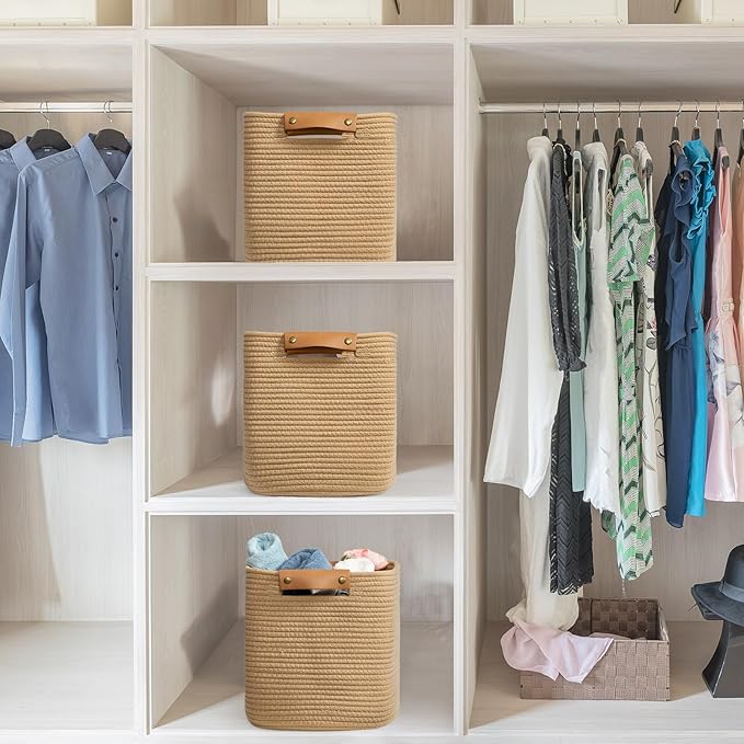 danpinera 3 Pack 11 Inch Woven Baskets for Storage, Stylish Storage Baskets for Shelves, Laundry, Bathroom, Kitchen, Cube Storage Bin, Cotton Rope Boho Baskets, Jute-Ruum Studio Home