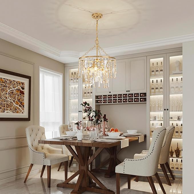 3-Lights K9 Crystal Chandeliers, Luxury Vintage Pendant Light Fixture for Dining Room, Living Room, D15*H20.4~66.8 inch (Adjustable), Clear Crystal & Gold Finish-Ruum Studio Home