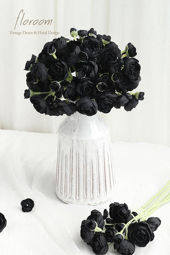 Floroom Ranunculus Artificial Flowers 18 Pcs Black Faux Silk Mini Ranunculus Bulk Fake Wedding Filler Flowers for DIY Bouquets, Centerpieces, Bridal Shower Decorations & Arrangements-Ruum Studio Home
