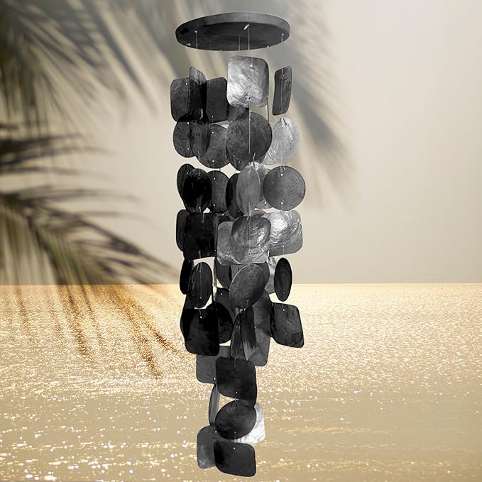 Bellaa 24995 Wind Chimes Outdoor, Garden Decorations, Musical, Indoor/Outside Windchimes, Beach, Ocean Breeze, Gifts for Mom, Gift for All Occasions, Capiz Sea Glass Shells Wood 27 inch Black-Ruum Studio Home