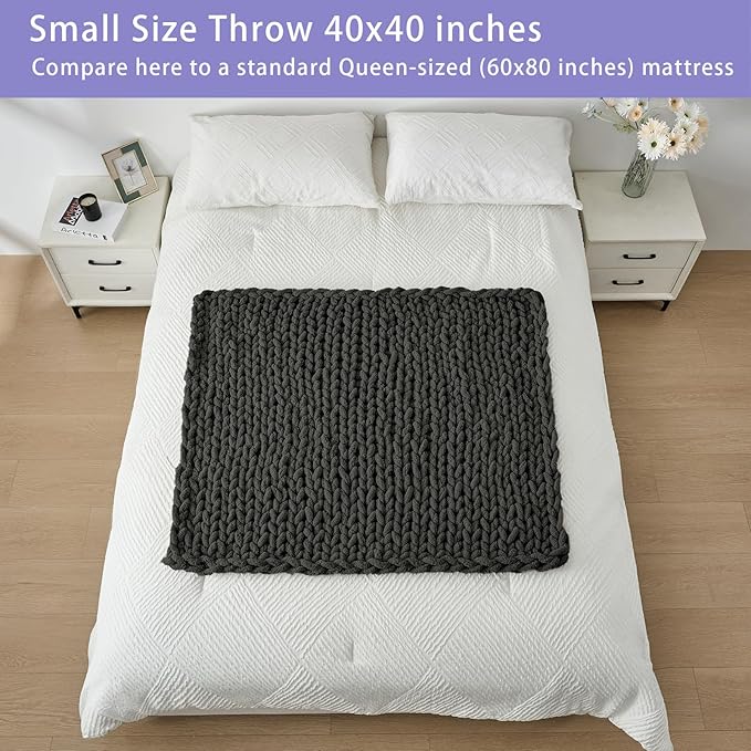 Bigacogo Chunky Knit Throw Blanket for Couch, 40x40 inches, 100% Hand Knitted with Thick Jumbo Chenille Yarn, Cozy Soft Large Rope Knot Cable Crochet Blankets for Sofa Bed Living Room, Dark Grey-Ruum Studio Home