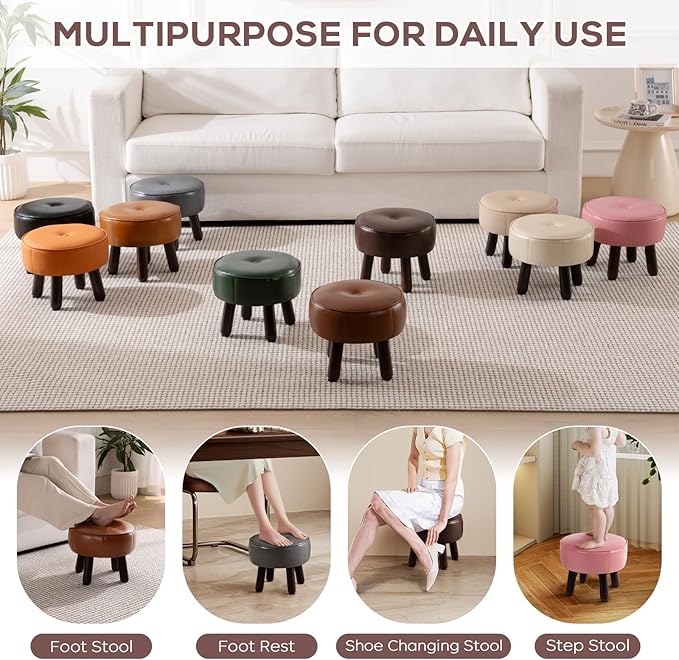 Small Foot Stool Ottoman, Round Pouf Foot Rest, Footstool Ottomans with Rubber Legs Under Desk, Faux Leather Footrest for Couch, Living Room, Bedroom, Office, 13''L x 13''W x 10.2''H, Coffee-Ruum Studio Home