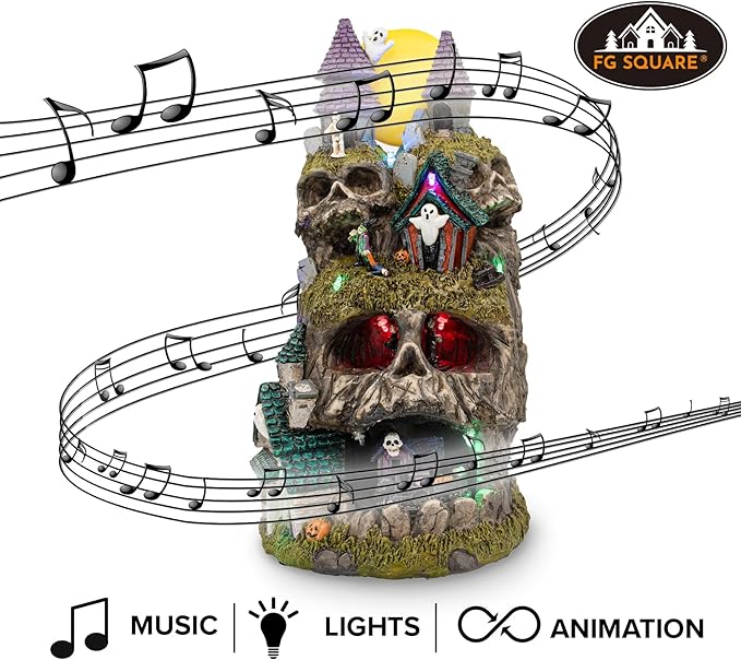 Skullstone Hollow Skull Theme Spooky Halloween Village Multi-Color LED Lights, Animated Motion and Music 7.75" x 7.5" x 13.5"-Ruum Studio Home