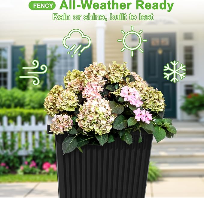 FENCY Set of 2 Tall Planters for Outdoor Plants, 24 Inch Large Tapered Pots with Drainage Trays, Weather-Resistant Plastic Plant Containers for Patio, Porch, Garden, Front Door Decor,Black,Striped-Ruum Studio Home