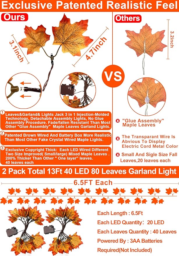 Timer & Thicker Leaves - 2 Pack Fall Garland with Lights Fall Hallowen Decorations Indoor Total 80 Leaves 40LED 13Ft Battery Operated Halloween Garland Thanksgiving Decor Home Indoor Outdoor Christmas-Ruum Studio Home