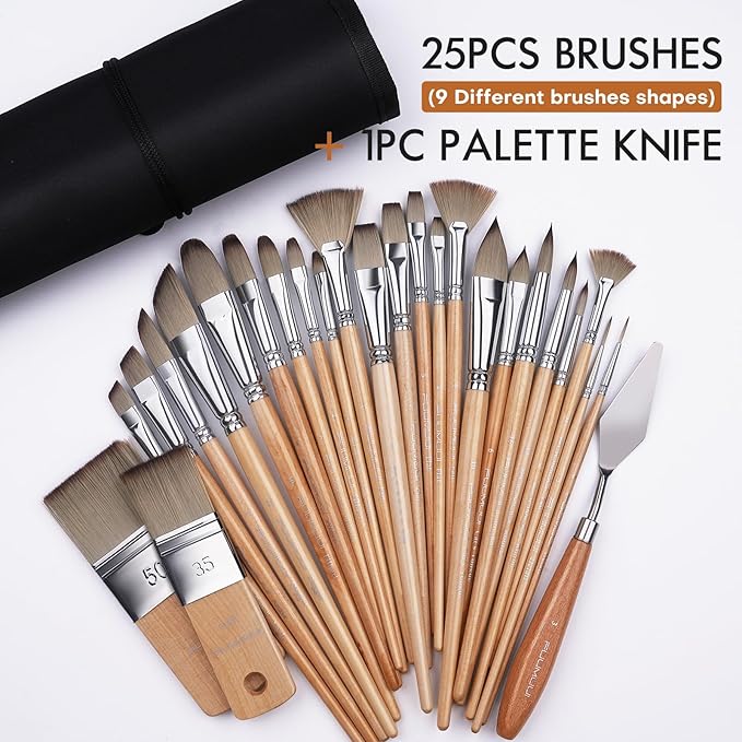 Fuumuui 26pcs Paint Brushes, Professional Acrylic Paint Brush Set Artists Complete Range of Sizes with Upgraded Short Handle Wide Flat & Palette Knife for Acrylic, Oil, Watercolor, Gouache-Ruum Studio Home