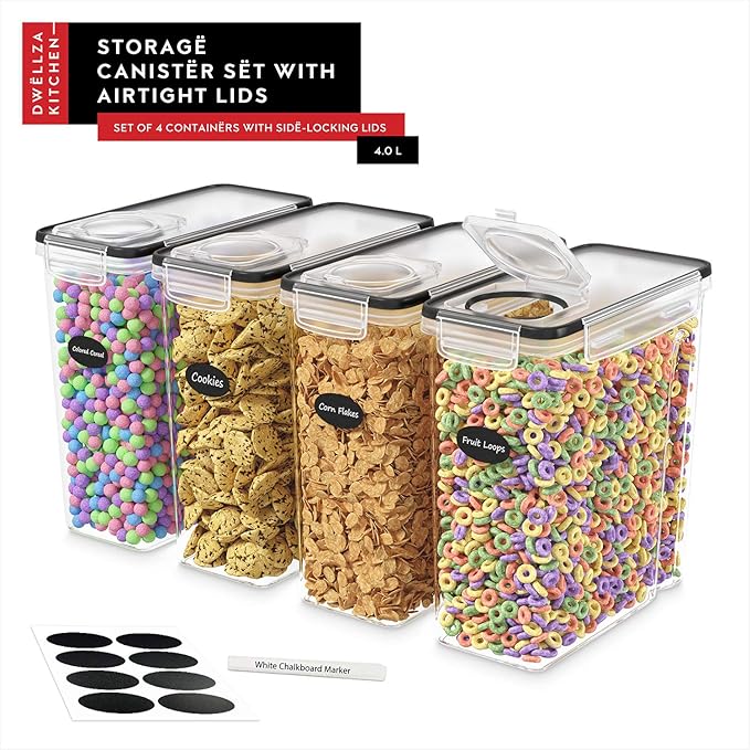 DWËLLZA KITCHEN Cereal Containers Storage 4 Pack 135 fl. oz Cereal Dispenser Airtight Food Storage Containers BPA-Free Pantry Organization and Storage, Canister for Flour & Sugar 1 Marker 8 Labels-Ruum Studio Home