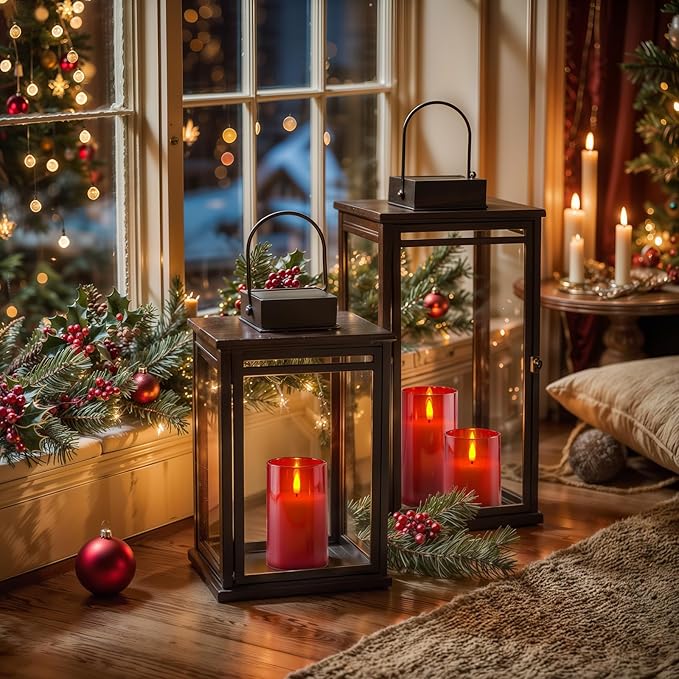 Homemory Red Glass Flameless Candles, Battery Operated LED Pillar Candles with Remote Control and Timer, Radiance Candles, Real Wax, Set of 3,D3 xH4 5" 6"-Ruum Studio Home