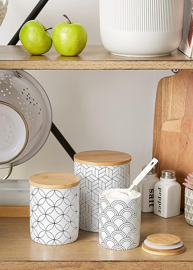 DII Kitchen Ceramics Collection, Canister Set, Mixed Print, White/Black, 3 Piece-Ruum Studio Home