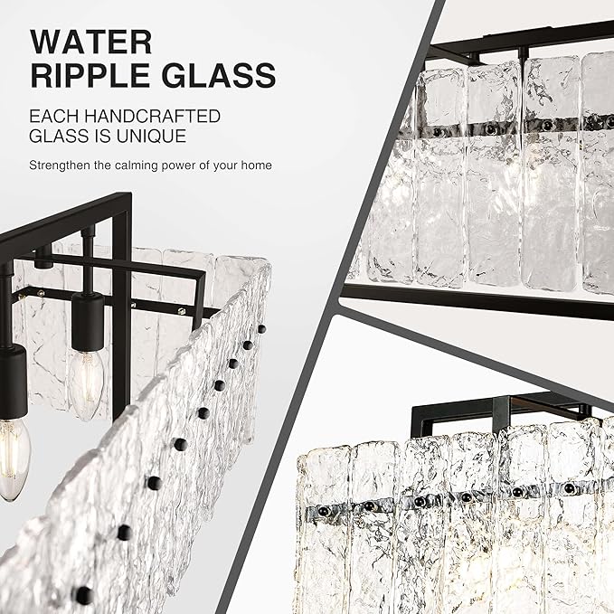 IKK Modern Rectangle Black Crystal Chandeliers for Dining Room, 42" Large Rectangular Water Ripple Glass Island Light Fixture, Linear Farmhouse Lighting for Kitchen Island, Living Room, L42xW11xH12-Ruum Studio Home