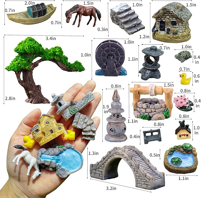 37PCS Fairy Garden Accessories, Miniature Nature Village Theme Fairy Garden Supplies for Outdoor, Mini Resin Animals House Bridge Pool Figurines Micro Landscape Succulent Plant Pots Terrarium Decor-Ruum Studio Home