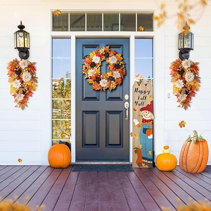 Glitzhome 24" D Fall Sorghum Wreath with Metal Hanger, Harvest Wreath for Front Door, Fall Door Wreaths for Indoor Outdoor Thanksgiving Harvest Holiday Decorations-Ruum Studio Home