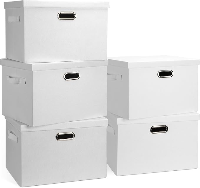 Large 17" 36 Quart Collapsible Stackable Storage Bins with Lids, 5 Packs White Linen Fabric Closet Boxes with Lids, Storage Cube Baskets Container Organizers for Bedroom Office(17 x12 x11)-Ruum Studio Home