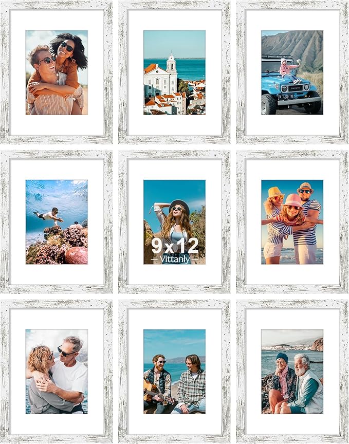Vittanly 9x12 Picture Frames Set of 9, Shatter Resistant Plexiglass, Display 6x8 Pictures with Mat or 9x12 without Mat, Photo Frames for Wall or Tabletop, Engineered Wood, Distressed White-Ruum Studio Home