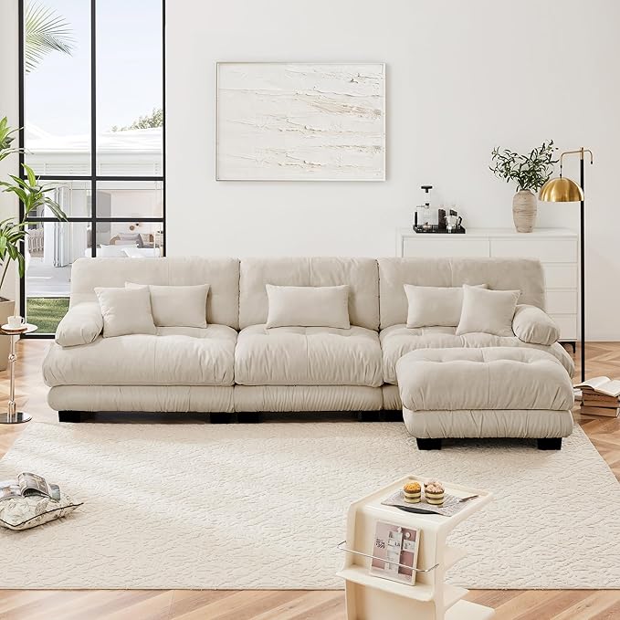 L Shaped Couch Sectional Couch, 3-Seater Cloud Couch Sectional Oversized Couch, Sofa Bed Couch with Round Bolster Armrests 5 Pillows, Modular Couch Home Sofa Living Room Couch-Ruum Studio Home