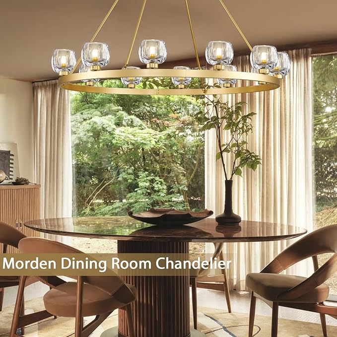 Gold Wagon Wheel Chandelier, 48 Inch Brass Chandeliers with Unique Glass Shade, 12-Light Crystal Large Wagon Wheel Chandeliers for Dining Room, High Ceiling Round Chandelier for Living Room, Foyer-Ruum Studio Home