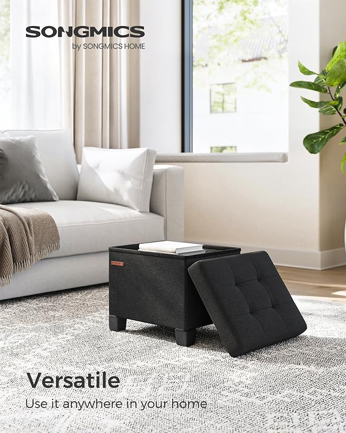 SONGMICS Storage Ottoman, Small Ottoman Foot Rest with Legs, 12.6 x 15.8 x 13.2 Inches Foot Stool, Load up to 660 lb, for Living Room, Bedroom, Dorm, Ink Black ULSF012B01-Ruum Studio Home