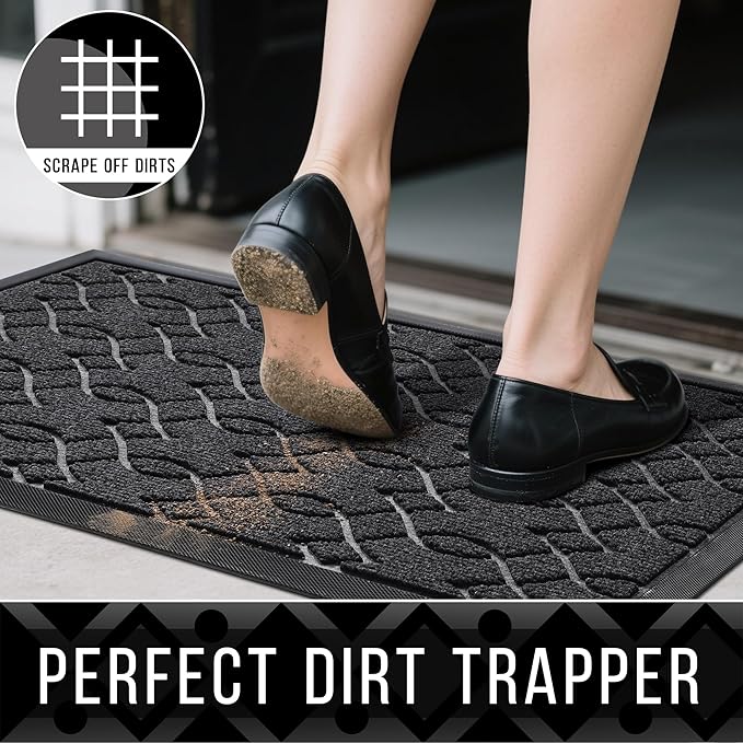 Yimobra Door Mat Outside Entrance, All-Season Front Outdoor Mats, All-Weather Welcome Doormat, Natural Rubber, Stain and Fade Resistant, Low Profile, Easy Clean Patio Porch Mat, 47x24, Black Gray-Ruum Studio Home