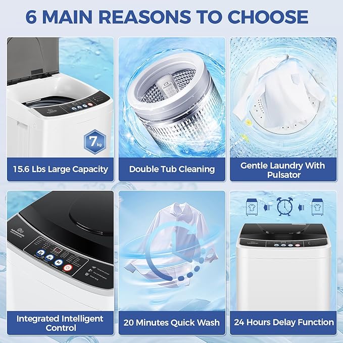 Nictemaw Portable Washing Machine 15.6Lbs Capacity Portable Washer with Drain Pump 2.1Cu.ft Full-Automatic Compact Washer with 10 Programs 8 Water Level for Home, Apartment, RV, Dorms-Ruum Studio Home