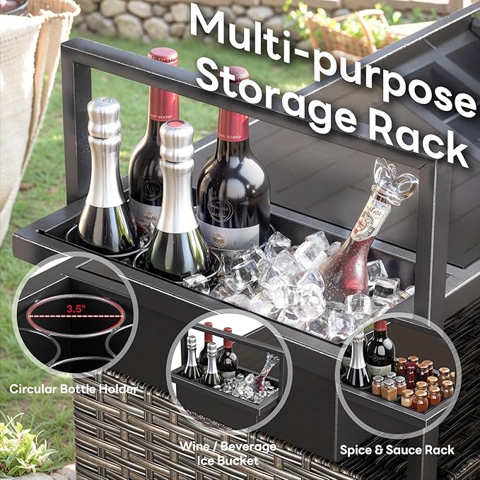 Outdoor Bar Cart with Storage Cabinet, Patio Bar Table with Tempered Glass Tabletop, Outdoor Serving Grill Cart with Rolling Wheels, Rattan Bar Cart for Patio, Backyard, Grey Wicker-Ruum Studio Home