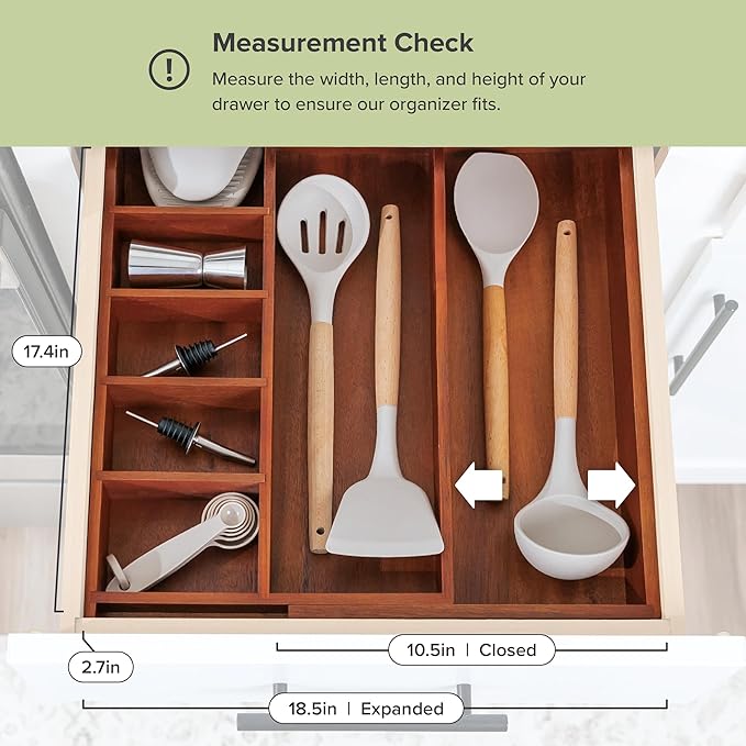 Adjustable Kitchen Drawer Organizer for Utensils and Junk, Food-Safe Contract Grade with 100% Sustainable Wood, Non-Slip, Expandable from 10.5 to 18.5 Inches Wide - Natural Acacia-Ruum Studio Home