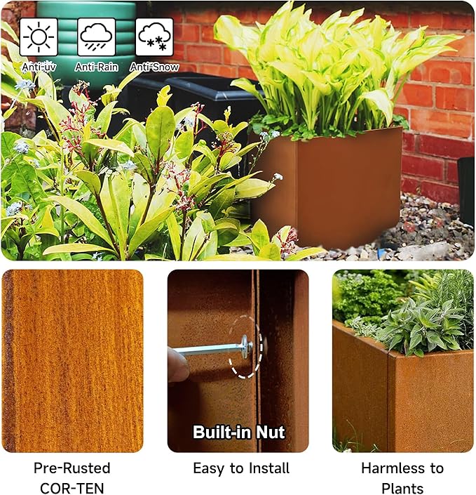 Corten Steel Corner Metal Planter Box Garden Steel Planter Pot for Patio Modern Farmhouse Rustic Design (L32 x W12 x D16, Rusted)-Ruum Studio Home